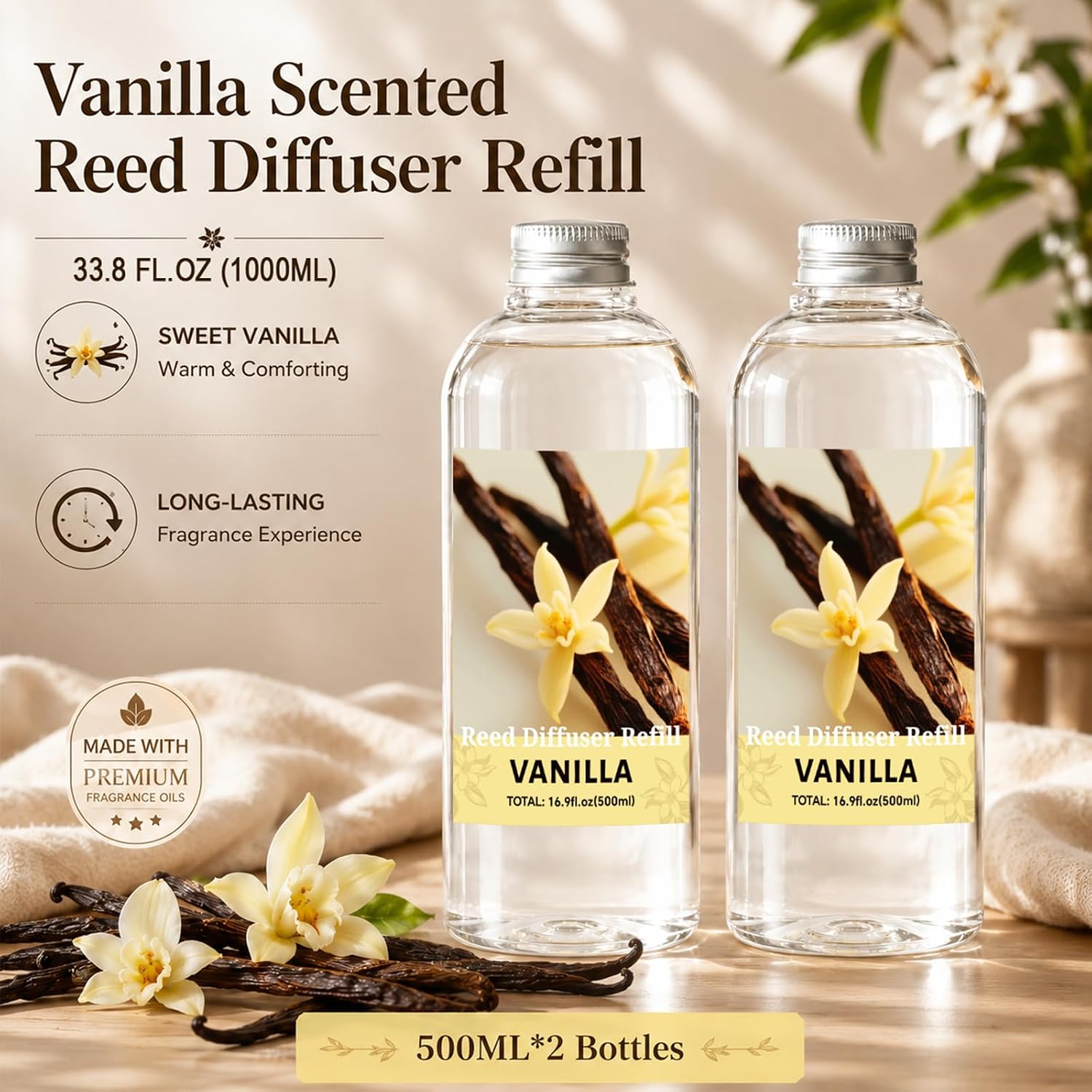 STRN Reed Diffuser Oil Refill, Vanilla Scented Diffuser Oil Refills with Reed Sticks 1000ML(33.8fl.oz), Room Fresheners for Home, Long-Lasting Summer Fragrance for Living Room, Bedroom, Office