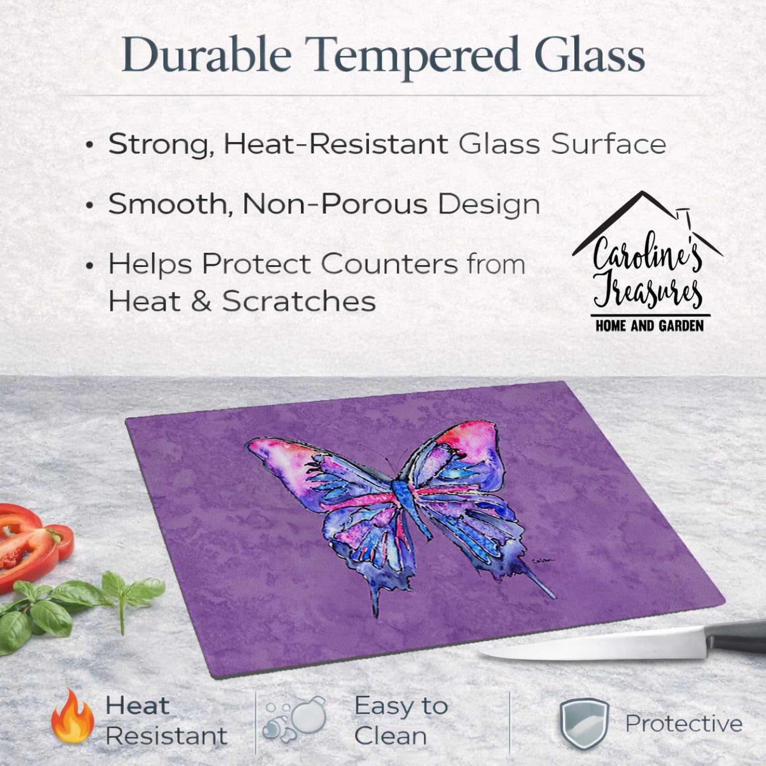 Caroline's Treasures 8860LCB Butterfly on Purple Glass Cutting Board Large Decorative Tempered Glass Kitchen Cutting and Serving Board Large Size Chopping Board