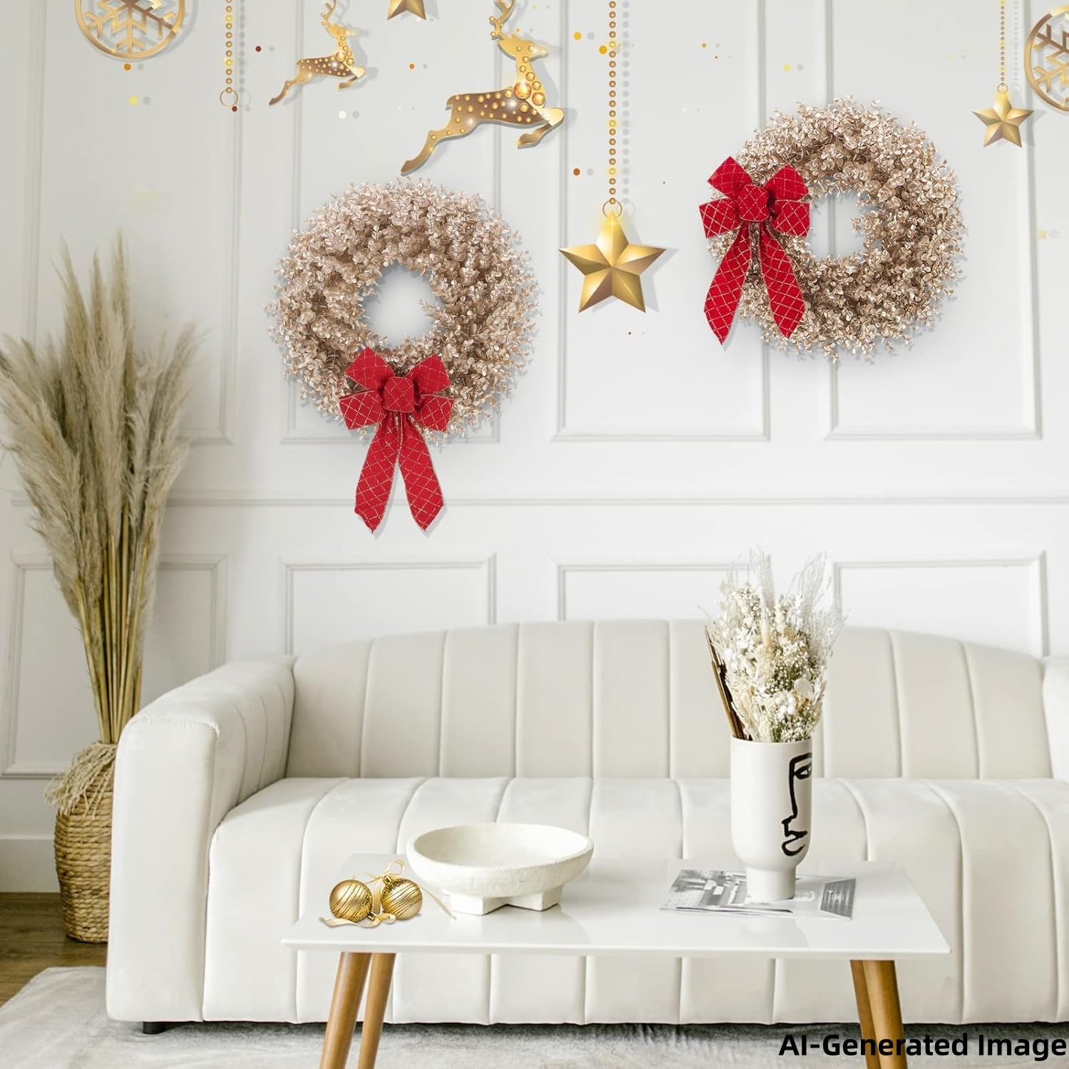 Couronne de Noël en buis de 45,7 cm avec nœuds et suspension de porte, convient pour porte d'entrée, salon, cheminée, fenêtre, ferme et couloir (doré)