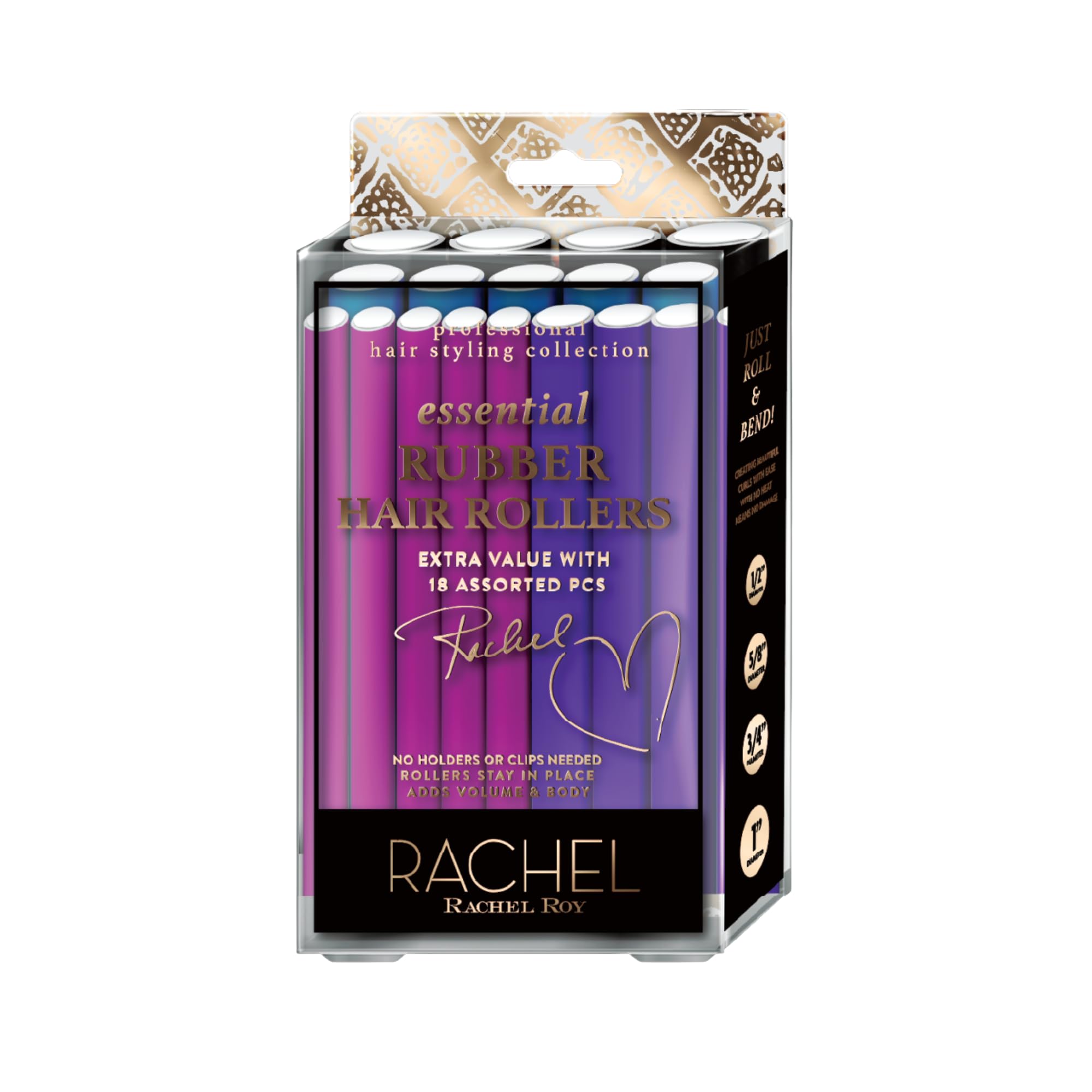 Rachel Roy Flexi Rods Foam Hair Rollers -1/2" 5/8" 3/4" 1" Diameter- Professional Salon Quality 18 Pcs Rubber Hair Rollers for Long, Medium, and Short Hair, Hair Curlers to Sleep in for Women