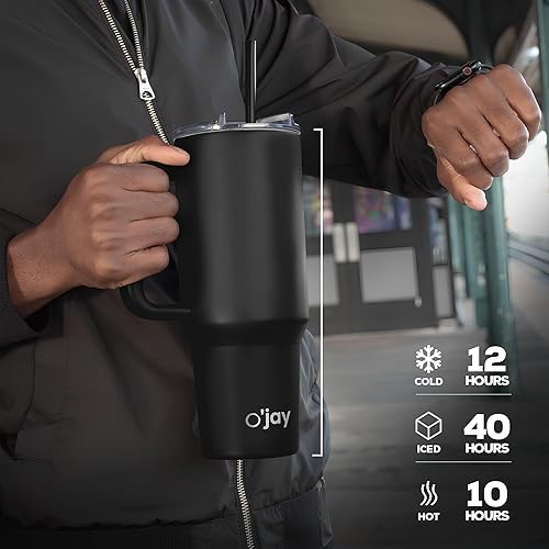 Miniatura 6 de O'JAY Vaso aislado de 40 onzas con asa y tapa con popote, 100% a prueba de fugas, taza de viaje apta para portavasos - Vaso aislado de acero