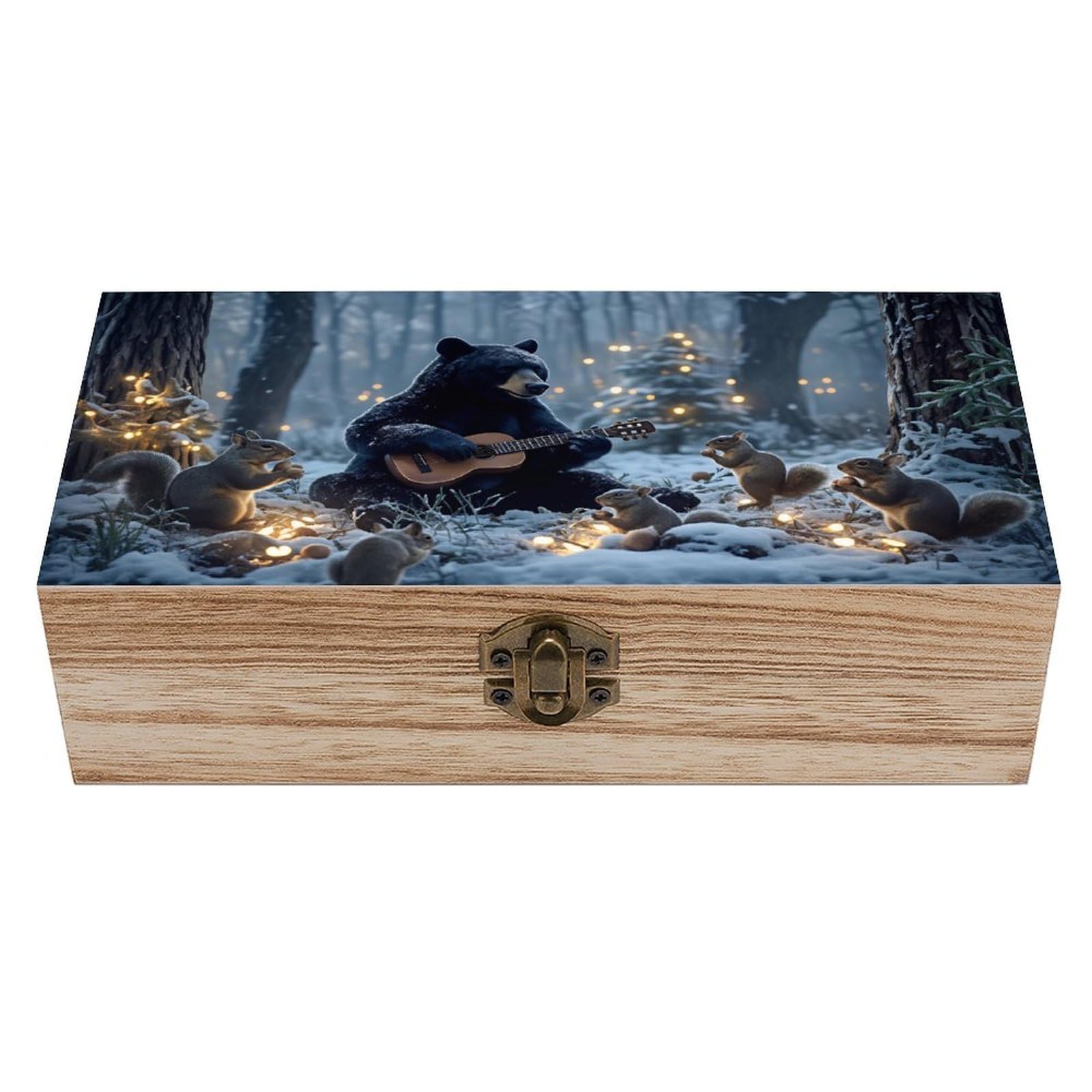 SMAZDFXX Bear Playing Guitar With Squirrels In Snowy Wooden Keepsake Box Vintage Solid Wood with Hinged Lid 7.9"×3.7"×2.3" Metal Latch Rustic Home Decor for Jewelry Photos And Trinkets