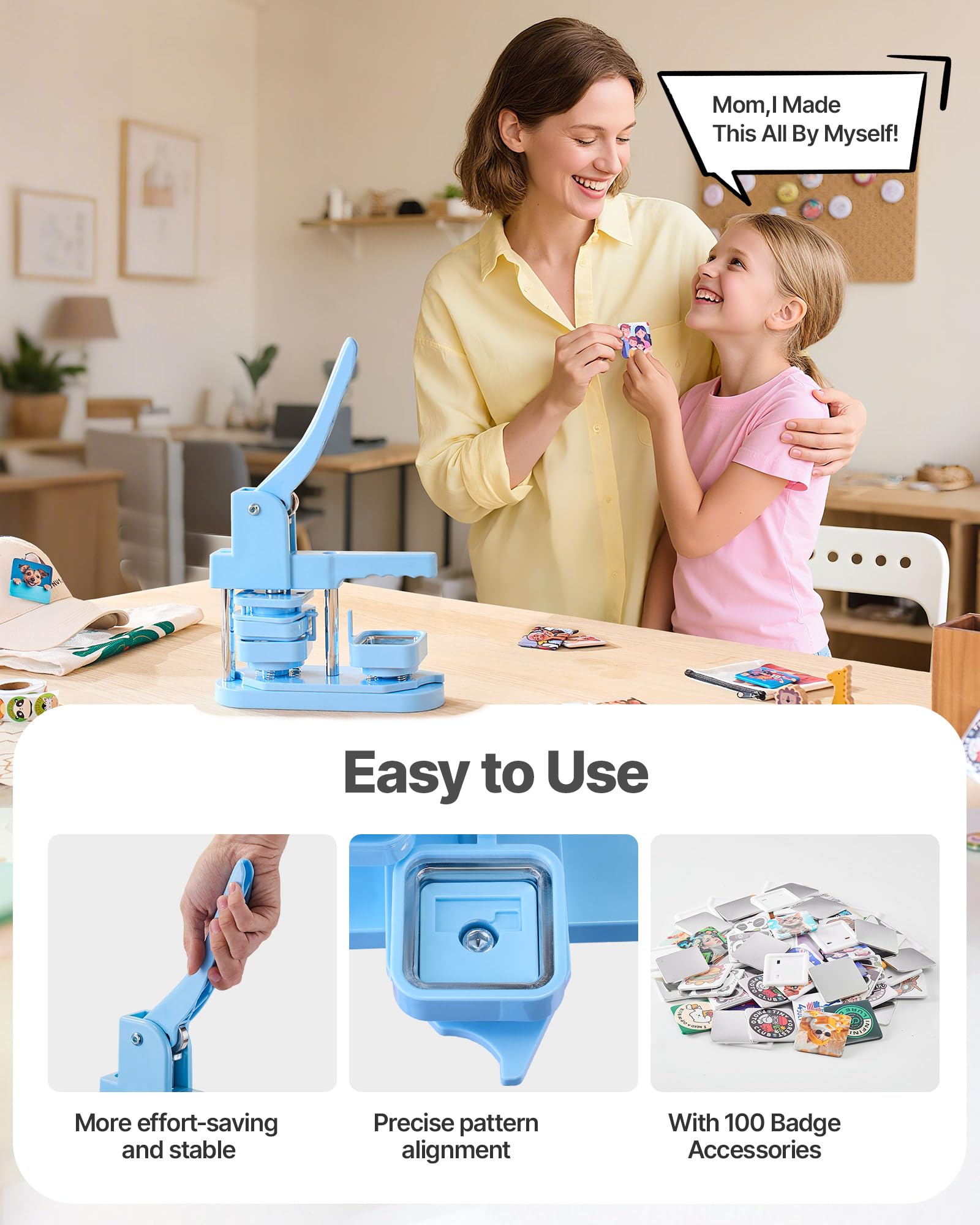 VEVOR Kit per Fustellatrice Manuale di Badge Spillo Bottoni Quadrato 50 x 50 mm, Kit di Punzonatrice Manuale ABS per Badge Spillo Fai-da-Te con Accessori, Blu