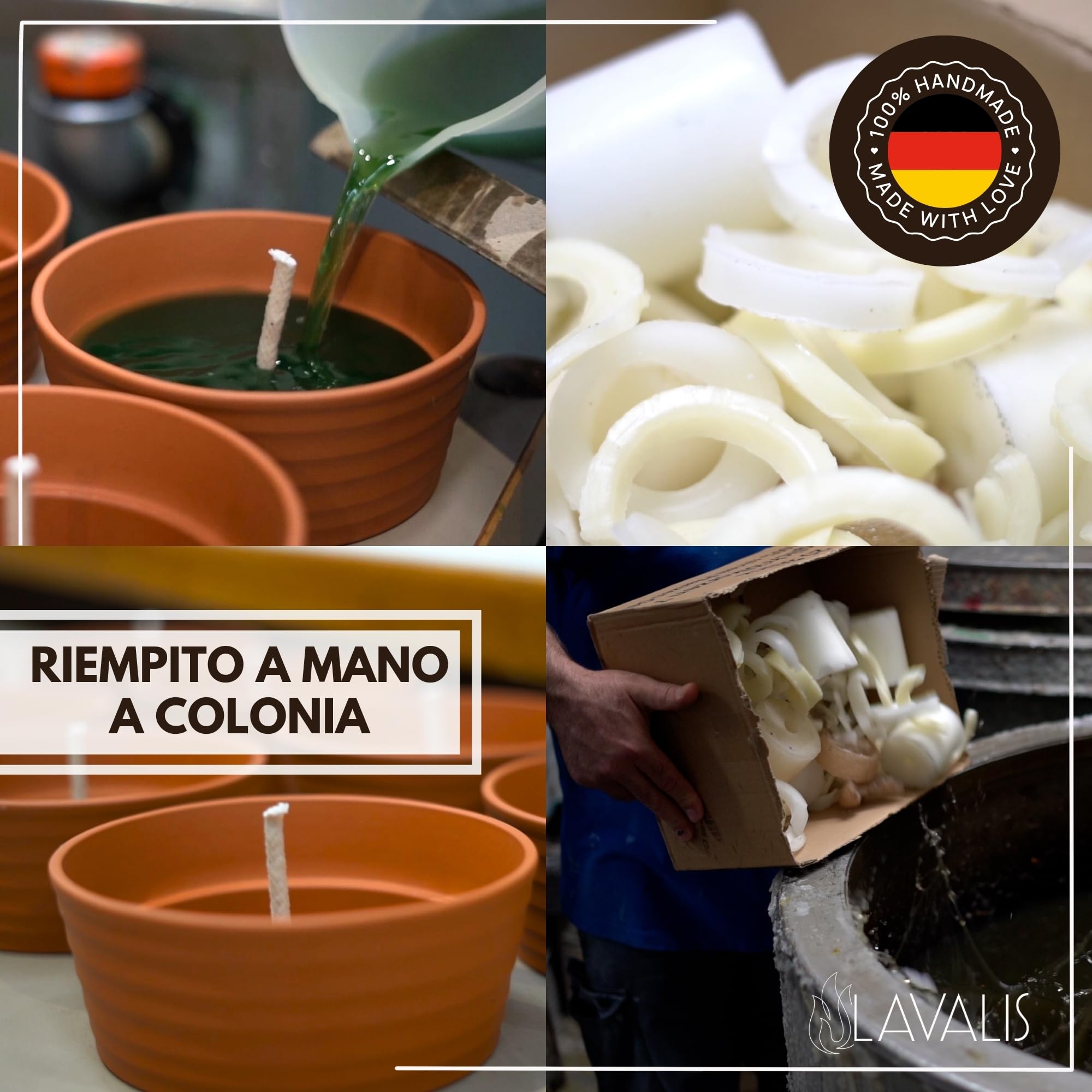 Lavalis 4 ciotole per fiamma: candele in terracotta, durata 15 ore, altezza della fiamma, antivento e riempite a mano, 9,5 cm, suggestiva decorazione pasquale e primaverile