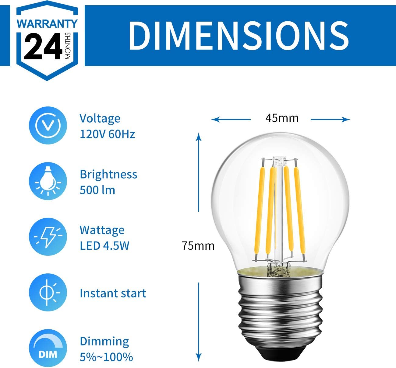 ANWIO Clear G14 LED Light Bulb Filament Bulb Dimmable Small Globe Round Light Bulb 4.5W(60W Equivalent) Warm White 2700K 500lumen LED Bulb E26 Base Lightbulb, Chandeliers Edison Light Bulb, 6 Pack