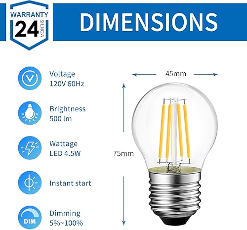 Miniatura 8 de ANWIO Bombilla de filamento LED G14 de 4.5 W (equivalente a 60 W), regulable 2700 K, base de tornillo E26 blanca cálida, bombilla decorativa Edison,