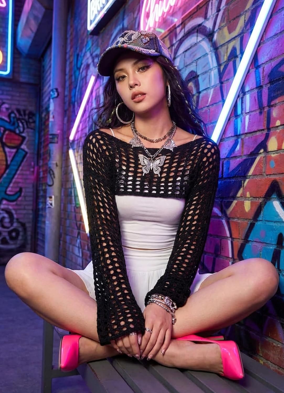 hathne Women Hollow Out Sweater Crop Flounce Off See Through Crochet Top Trumpet Long Sleeve Knit Top - Image 3