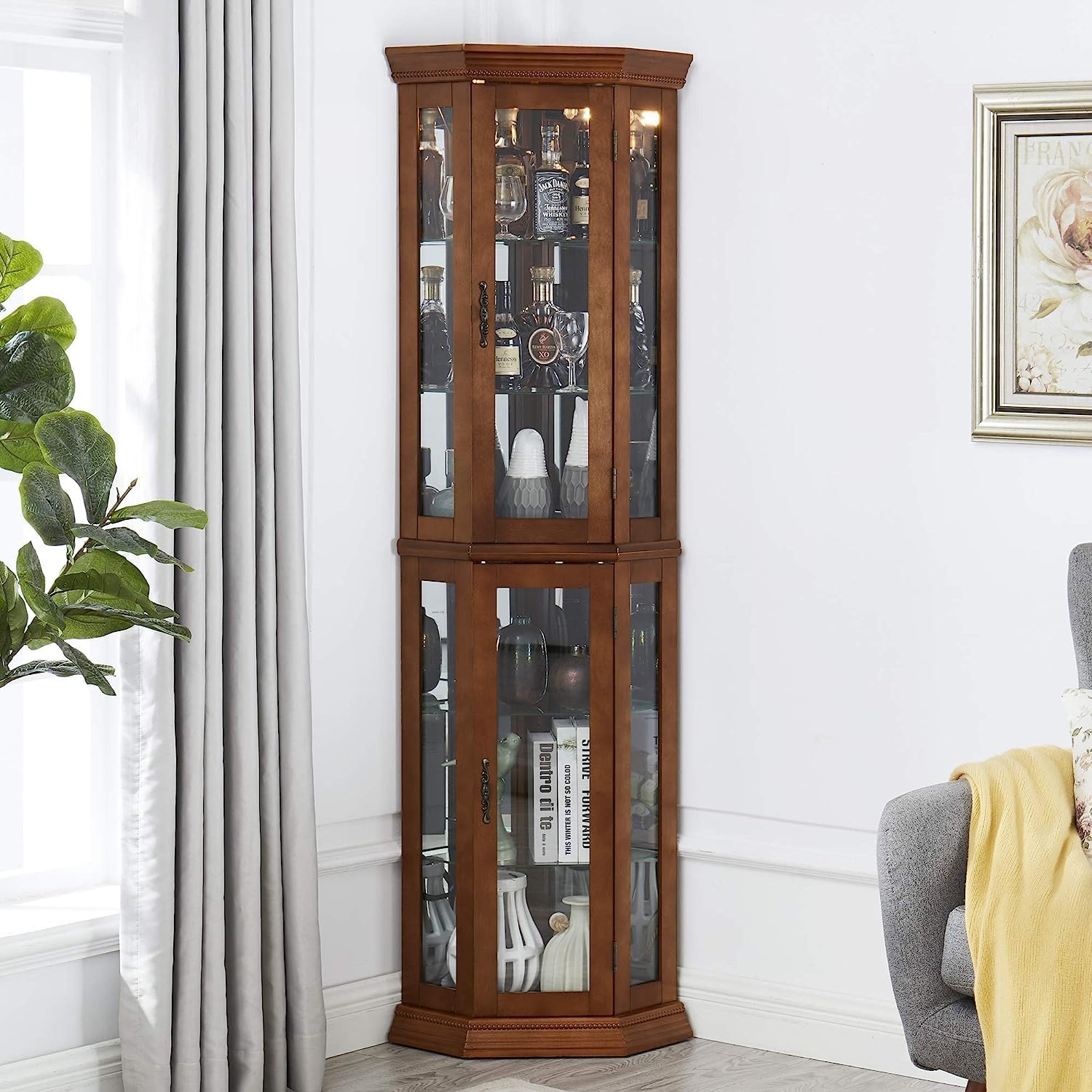 Lighted Display Cabinet,Corner Curio Display Cabinet with Adjustable Shelves & Mirrored Back,Storage Cabinet Wood Frame Collectibles Toy Display for Living Room, Kitchen,Pantry light bulb not included