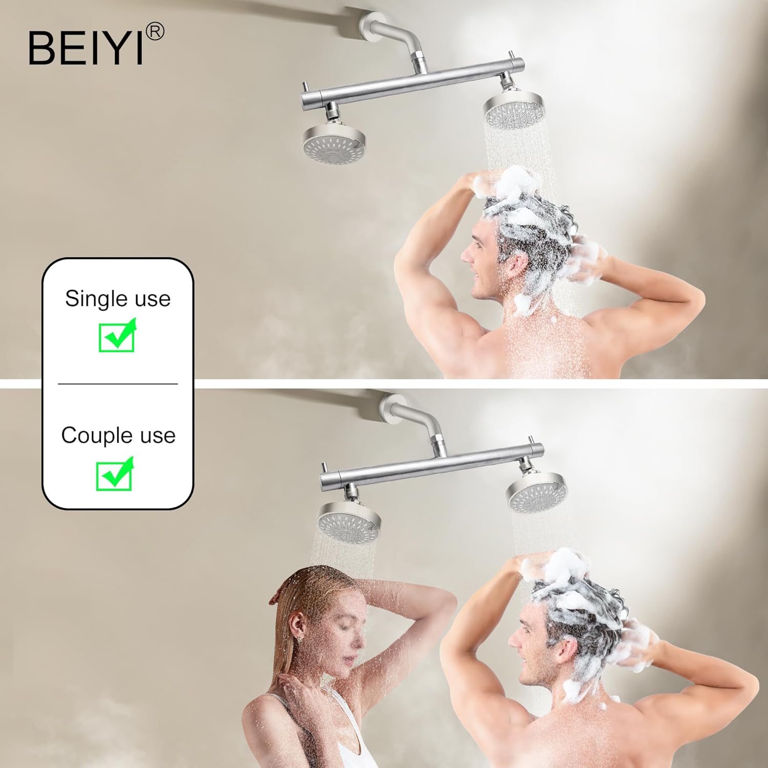 Brushed Nickel Double Shower Heads for Two People Rod Dual Shower Head Adapter with Shut Off Valve G1/2 Connection, for Rain & Handheld Shower Combo