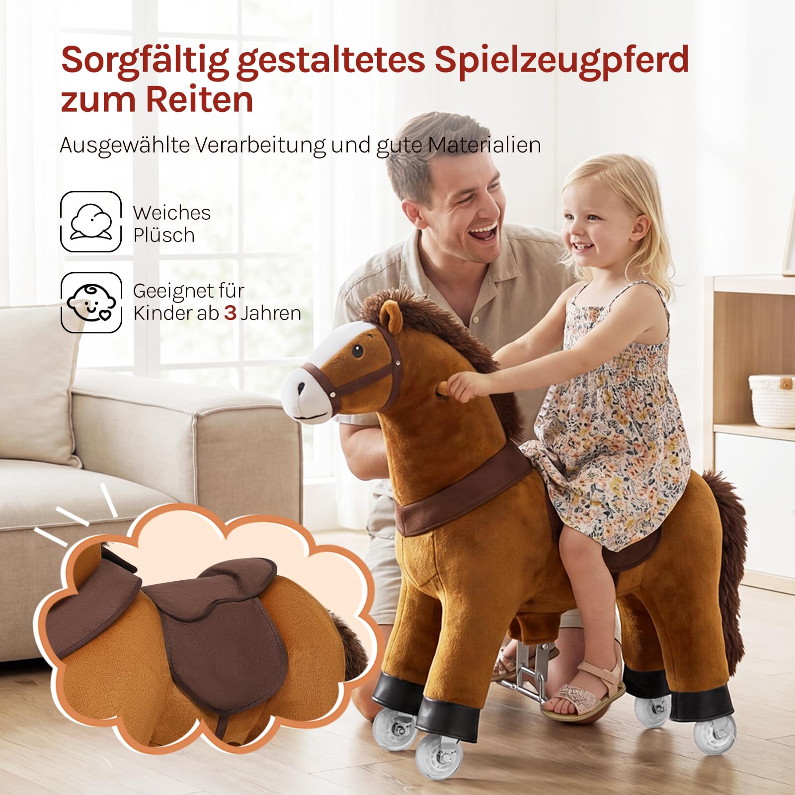 WOLTU Reitpferd für Kinder ab 4 Jahren, Plüschpferd auf Rollen mit Soundfunktion, Stehpferd aus Holz und Metall, Spielpferd zum Reiten, Kinderpferd für drinnen und draußen, Braun