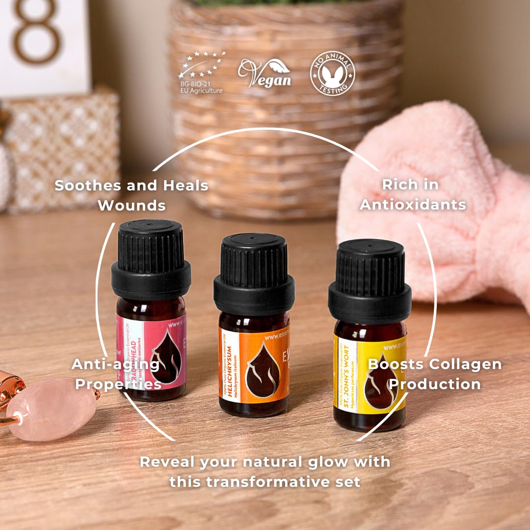 3er Set Schöne Haut Bio-Ätherische Öle | 3 x 5 ml | Strohblume, Moldawischer Drachenkopf, Johanniskraut | 100 % rein und natürlich | Unverdünnt | Gentechnikfrei | 3 Stück