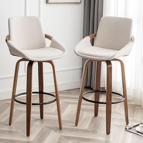 Miniatura 5 de LUNLING Taburetes de bar de altura de barra de 25.6 pulgadas, sillas de bar retro modernas de mediados de siglo, con aspecto de lino beige carbón,