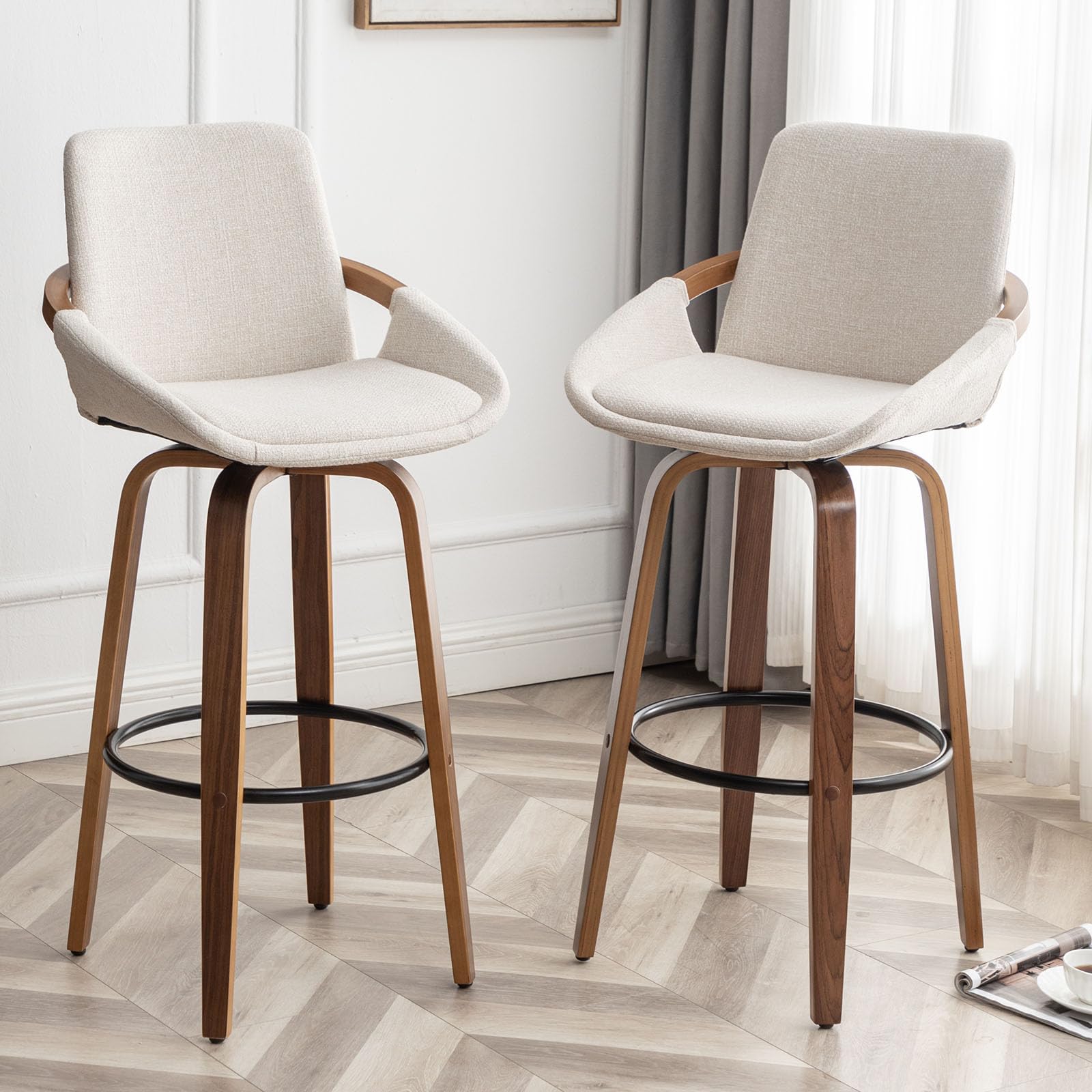 LUNLING 25.6" Counter Height Barstools Set of 2 Mid Century Modern Retro Bar Chairs Charcoal Beige Linen Look Fabric Upholstered and Walnut Wood Frame
