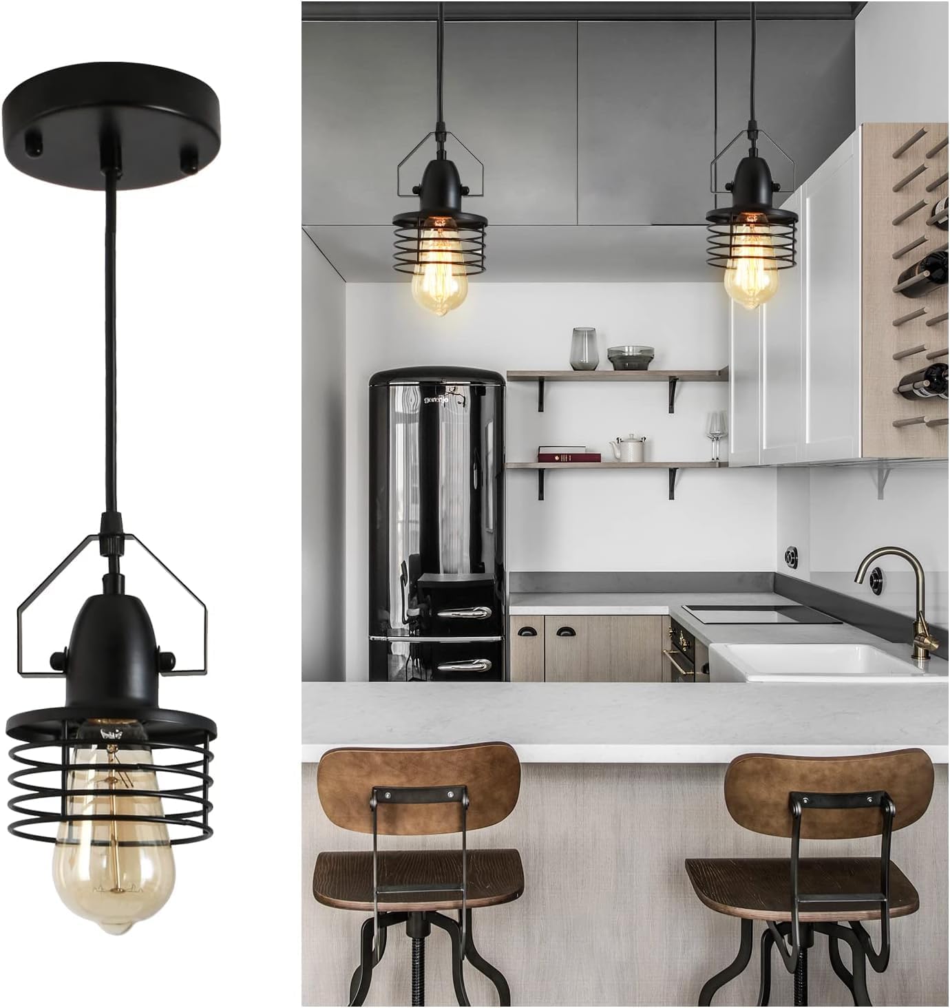 Industrial Black Pendant Light - Rustic Metal Cage Hanging Lamp for Kitchen Island, Dining Room, Bedroom - Modern Farmhouse Lighting Fixture Barn Farmhouse, Spring Shade, E26 Bulb(Industrial)