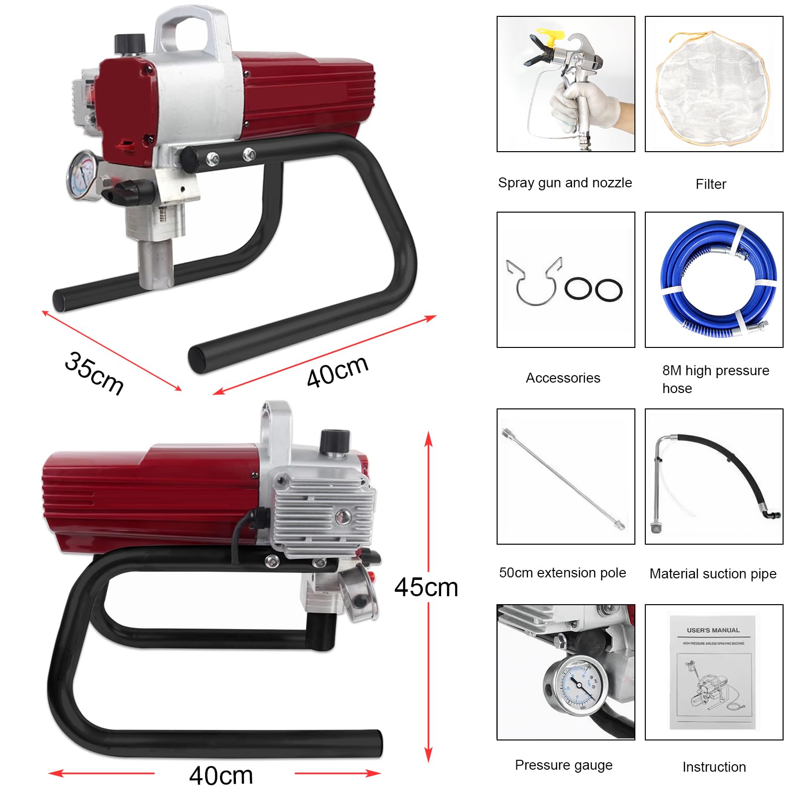 Pulverizador de Pintura 2300W Máquinas Pintura Airless, 220V, 2.3L/min Pistola de Pulverización Eléctrica sin Aire, Alta presión, Adecuado para fachadas de Casas, Suelos, Carreteras, etc