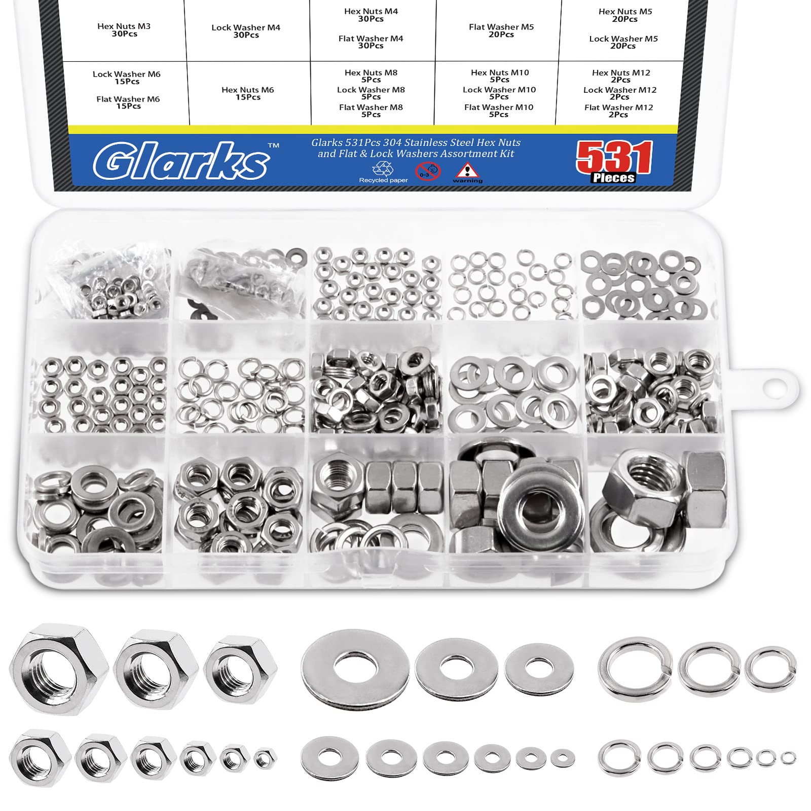 Glarks 524Pcs 304 Stainless Steel Hex Nuts and Flat & Lock Washers Assortment Kit Including 177Pcs Hex Nuts and 170Pcs Flat Washers and 177Pcs Lock Washers