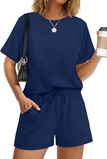 Two Piece Short Sets for Women Casual Summer Outfits Short Sleeve Crew Neck Lounge Matching Set