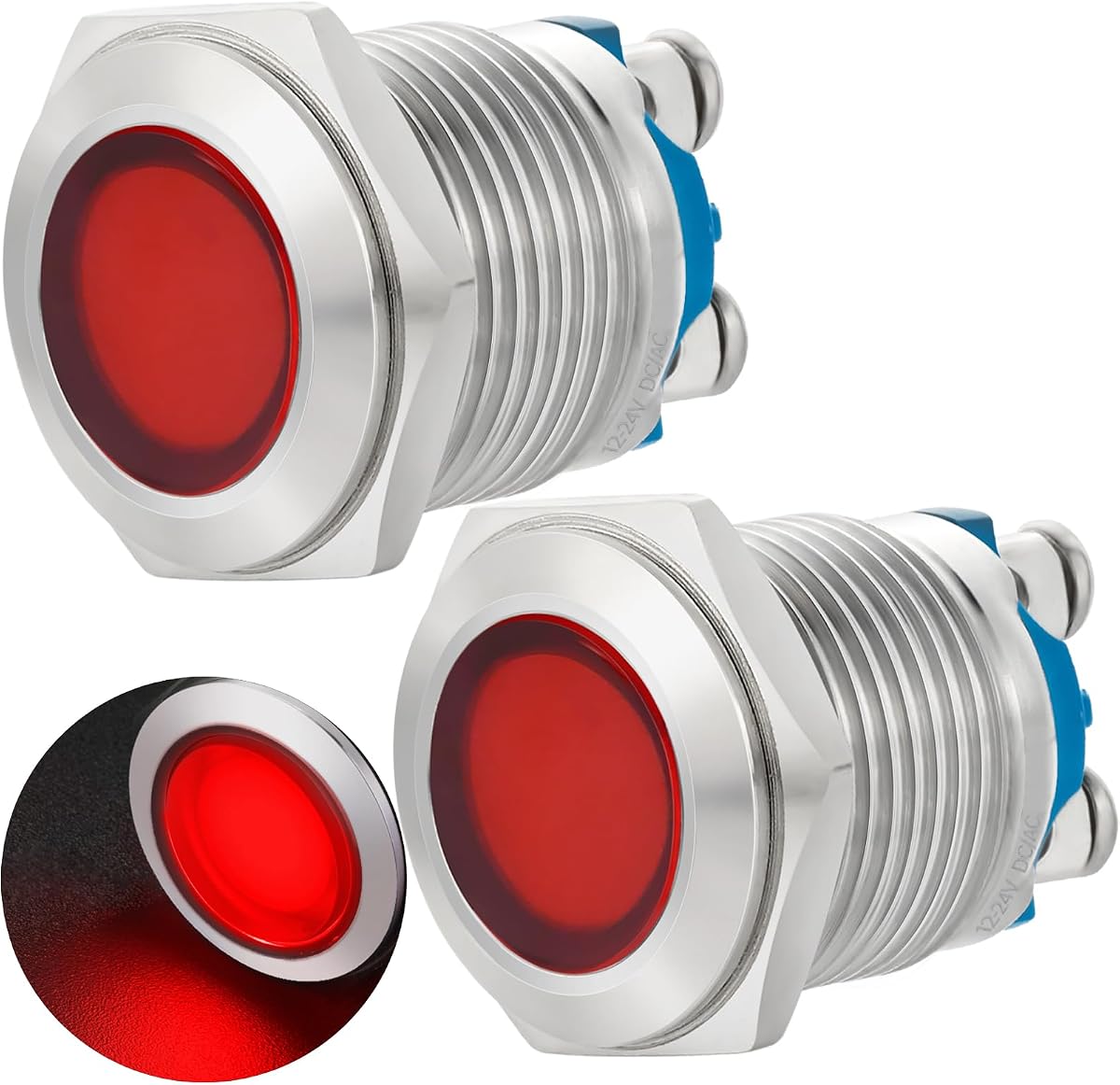 16mm 5/8in Indicator Light Stainless Steel 304 12V-24V DC/AC Pilot Lamp Waterproof IP66 Metal 2Pcs