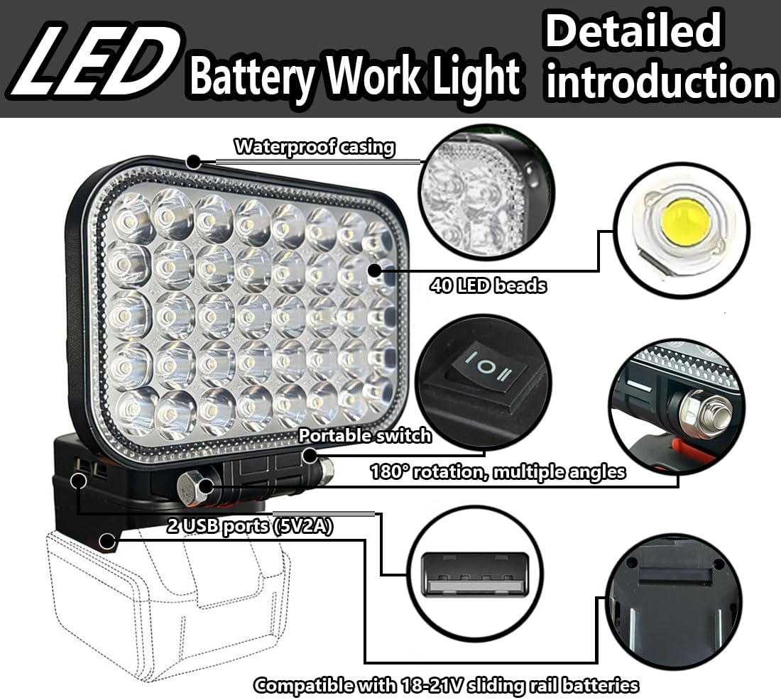 LED Work Light-Compatible with Makita 18V-21V LXT Series Batteries,Cordless Work Light has 2 USB connectors.Battery Work Light/Portable Flood Lights Outdoor Various Occasions (Battery not Included)