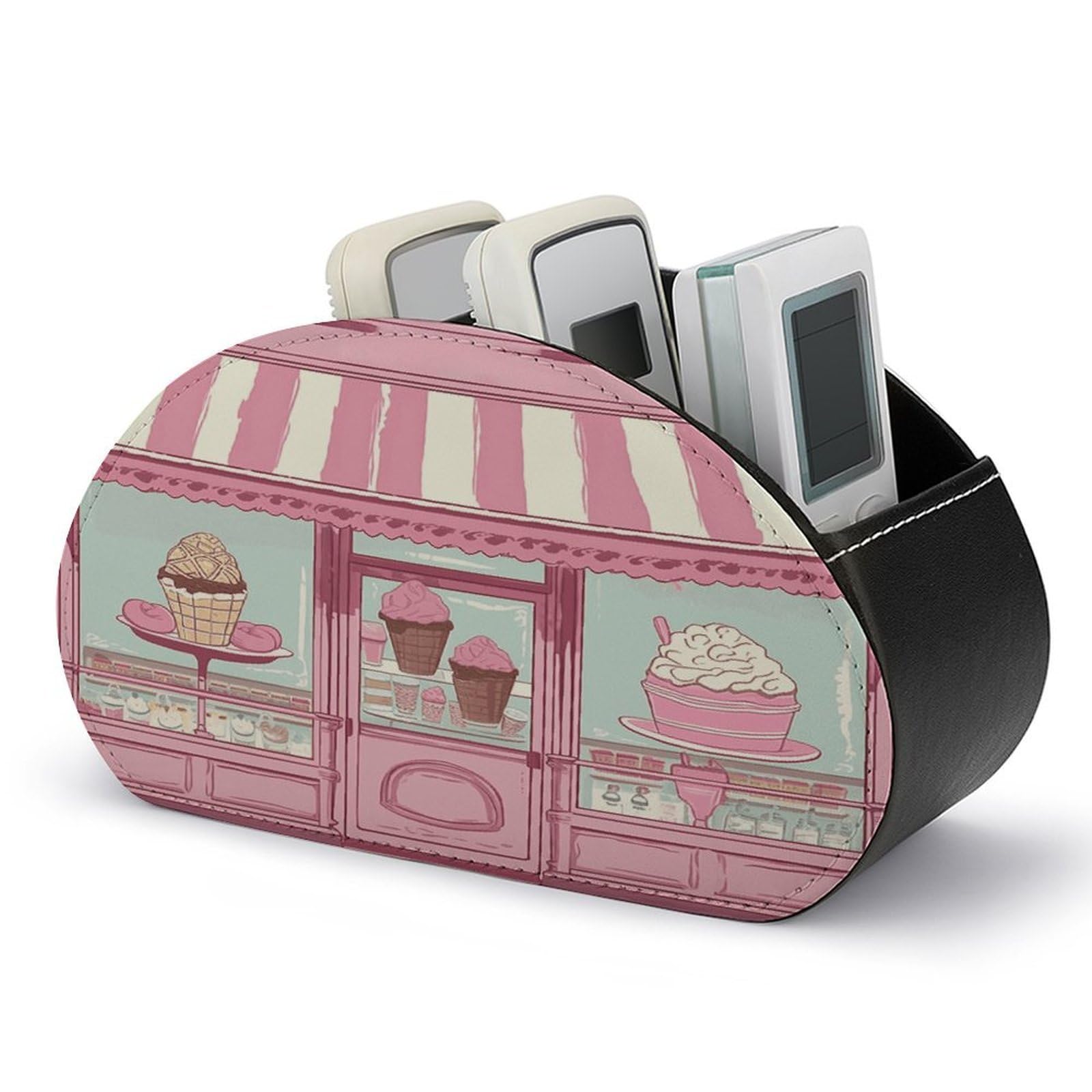 FekiLoot Ice Cream Store Pink Remote Control Holder with 5 Compartments - PU Leather Remote Caddy Desktop Organizer, Personalized TV Media Remote Storage Box for Home Coffee Desk Accessories