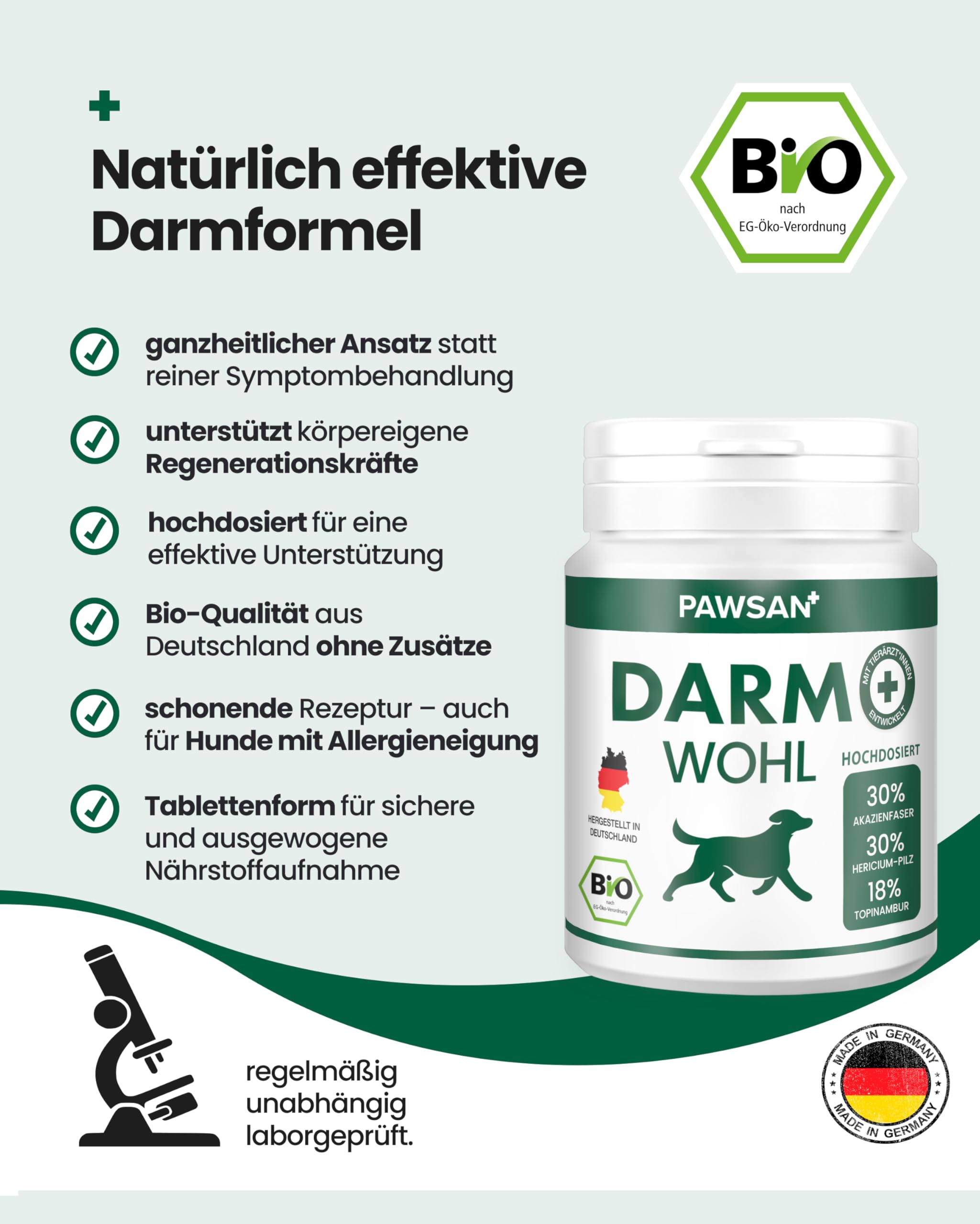 PAWSAN Darmwohl Bio Darmkur Hund – Alternative zu Probiotika – Gras und Kotfresser Drops – Sodbrennen Hund, Durchfall, Blähungen – Darmflora Aufbauen mit Präbiotika – 100 Tabletten Made in Germany