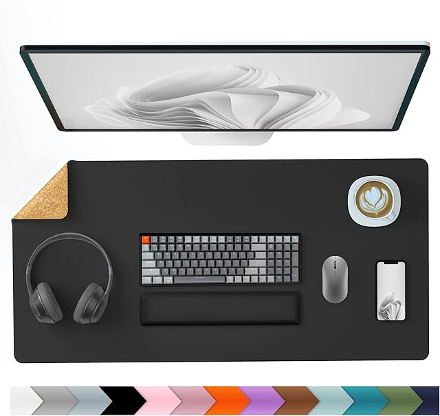 Aothia Eco-Friendly Natural Cork & Leather Double-Sided Office Desk Pad 80 * 40 cm Mouse Mat Smooth Surface Soft Easy Clean Waterproof PU Leather Desk Protector for Office/Home Gaming (Black)