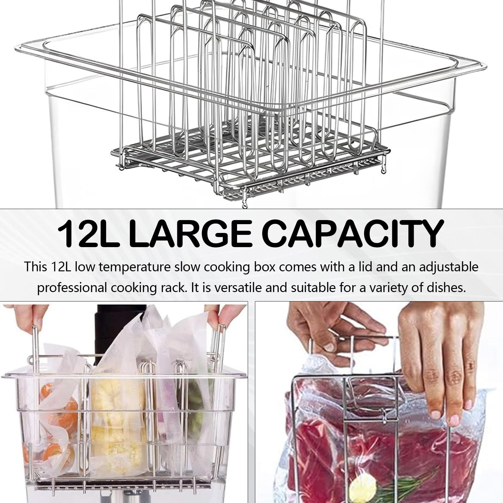 Recipiente Sous Vide Lenta con Tapa y Estante Recipiente Sous Vide Contenedor 12L para Adaptarse a la mayoría de Las Sous Vide Roner Cocina