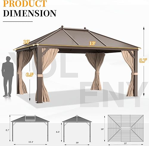 Miniatura 3 de YOLENY Gazebo de techo duro de 10 x 13 pies con techo individual de acero galvanizado, marco de aluminio para pérgola, red y cortinas incluidas,