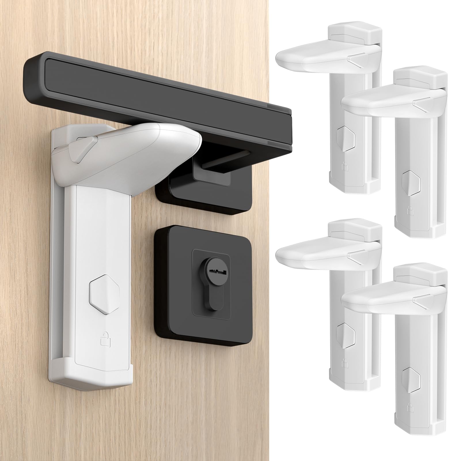 REDTRON Door Lever Lock, 4 Pack Baby Safety Locks with 3M Adhesive, Child Proof Door Handle Lock for Toddlers Bedroom Bathroom Kitchen Home, Easy to Install, No Drilling Required (White)