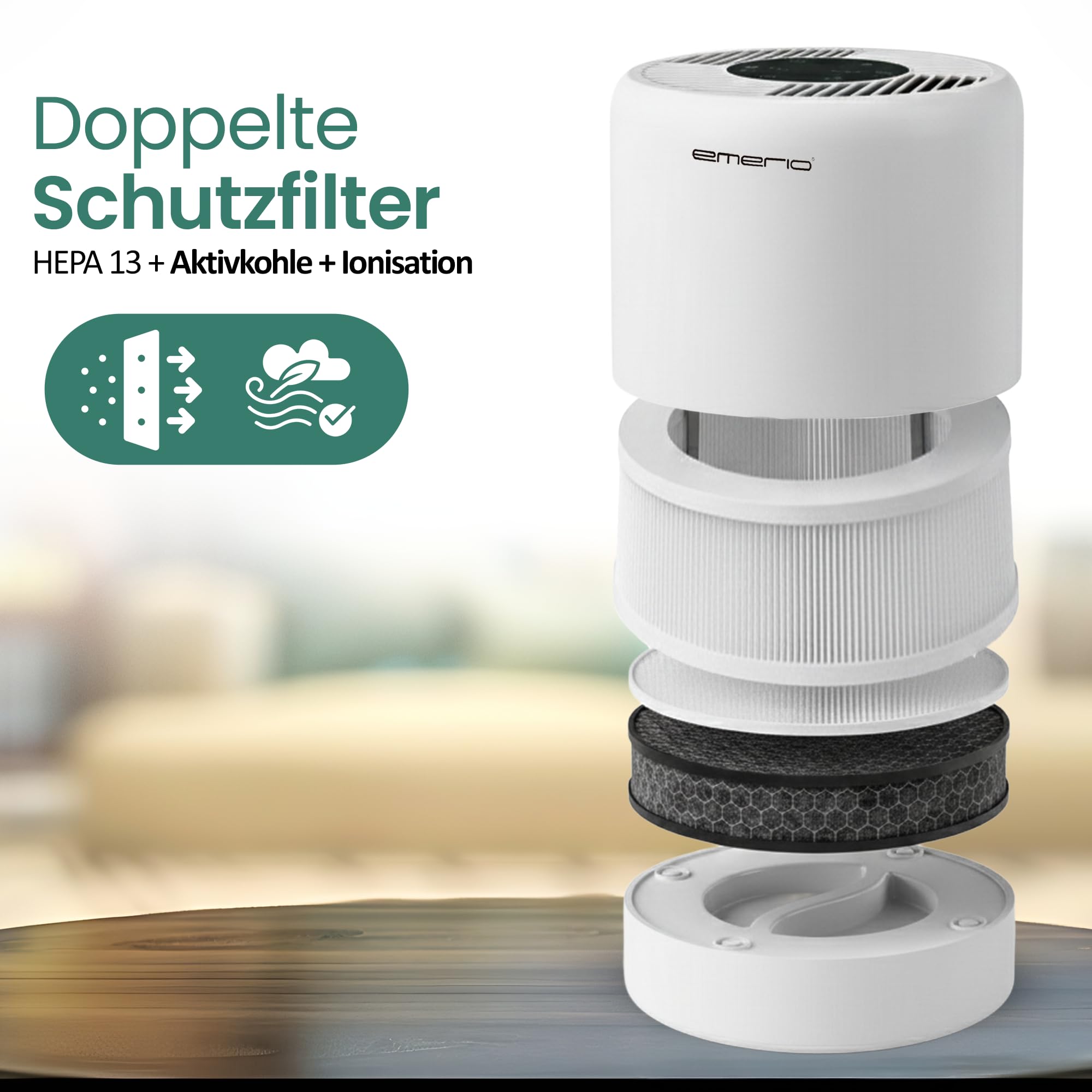 EMERIO Purificatore d'aria con filtro HEPA 13 (potenza del filtro al 99,97%) contro muffa, polvere, polline e odori | WLAN: Smart Life, funzione ionica e timer, adatto per ambienti fino a 25 m² |