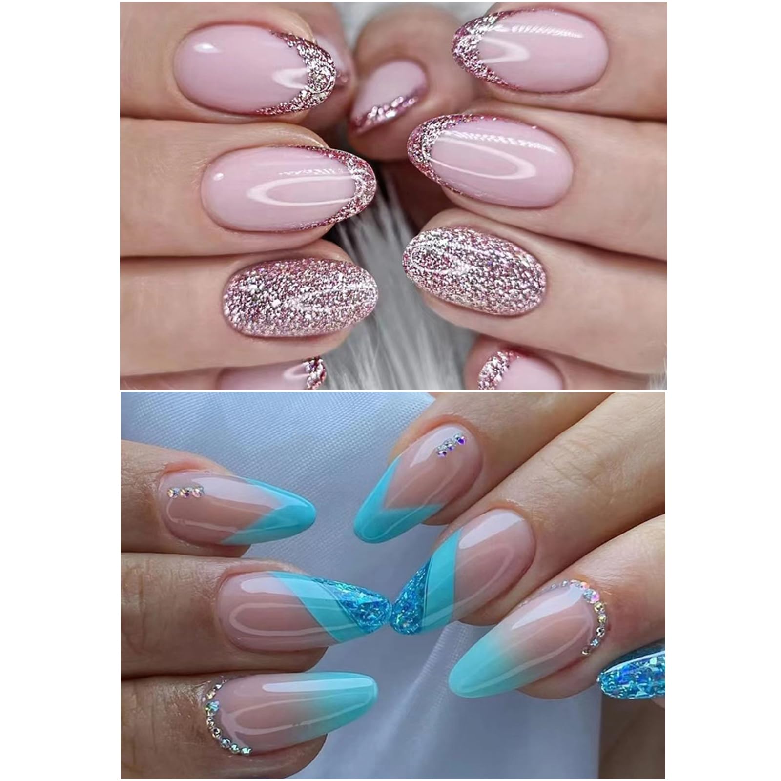 Ceboic 48 Piezas Uñas Postizas Francesas Cortas Almendra, 2 Cajas Artificiales Uñas Falsas Cubierta Completa Nude Rosa Press on Nails con Pedrería Diseño, Uñas Postizas Naturales para Mujeres y Niñas