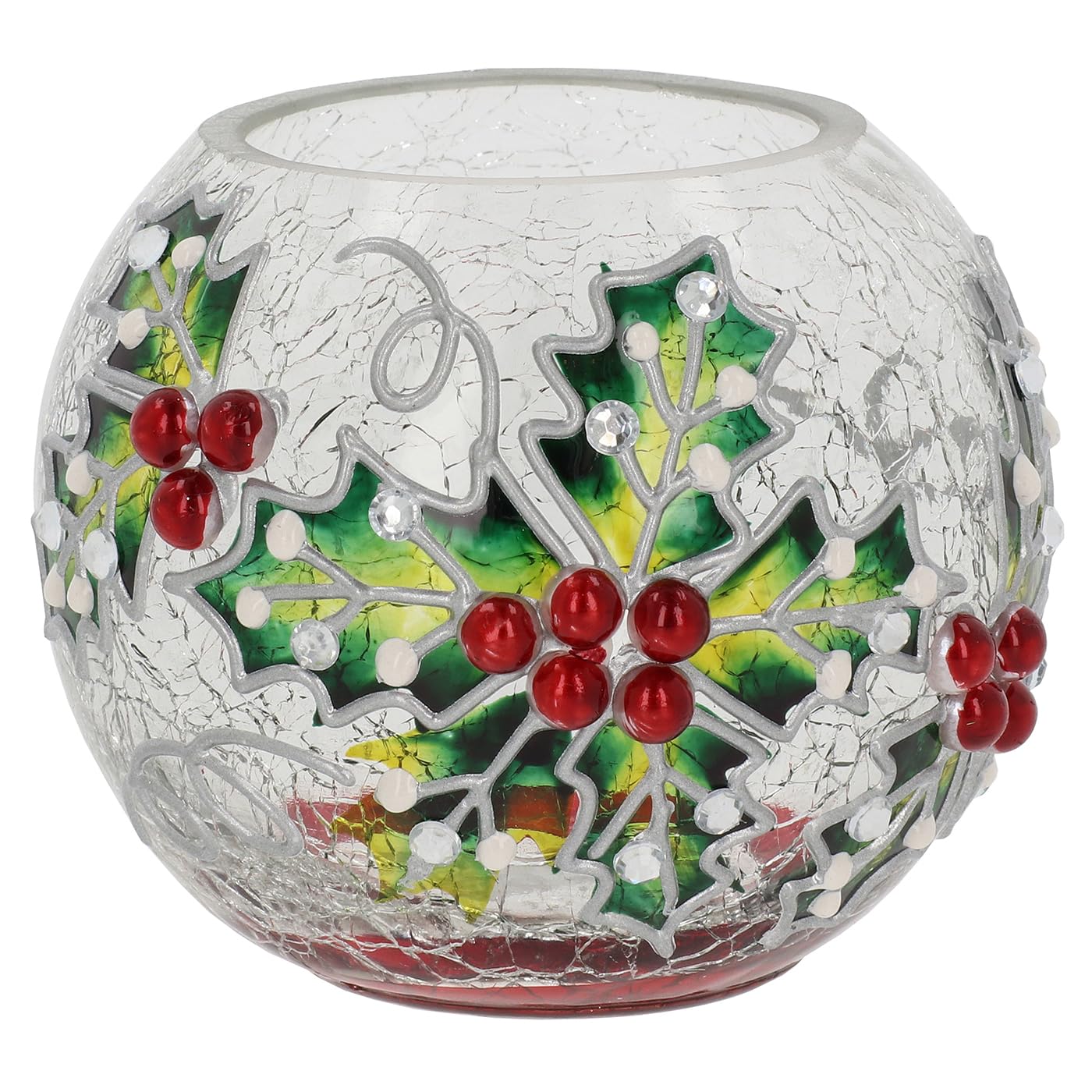Shudehill Giftware Christmas Crackle Glass Tealight Holders, Festive Holly and Snowflake Design, Decorative Candle Holders for Holiday Home Decor (Holly Height 20.5x Width 10x Depth 10cm)