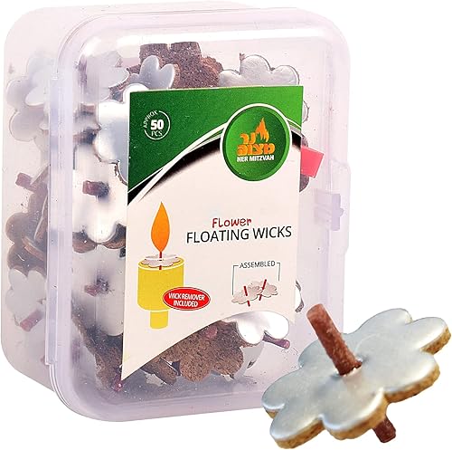 Ner Mitzvah Mechas flotantes premontadas en forma de flor, 50 unidades, mechas de algodón y soportes de disco de corcho para tazas de aceite