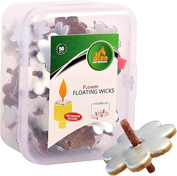 Ner Mitzvah Pre-Assembled Flower Shaped Floating Wicks - 50 Count - Cotton Wicks and Cork Disc Holders for Oil Cups