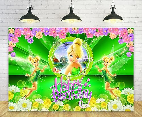 Telón de fondo de campanilla para decoración de fiesta de cumpleaños, pancarta de cumpleaños de flores de hadas, suministros de decoración para