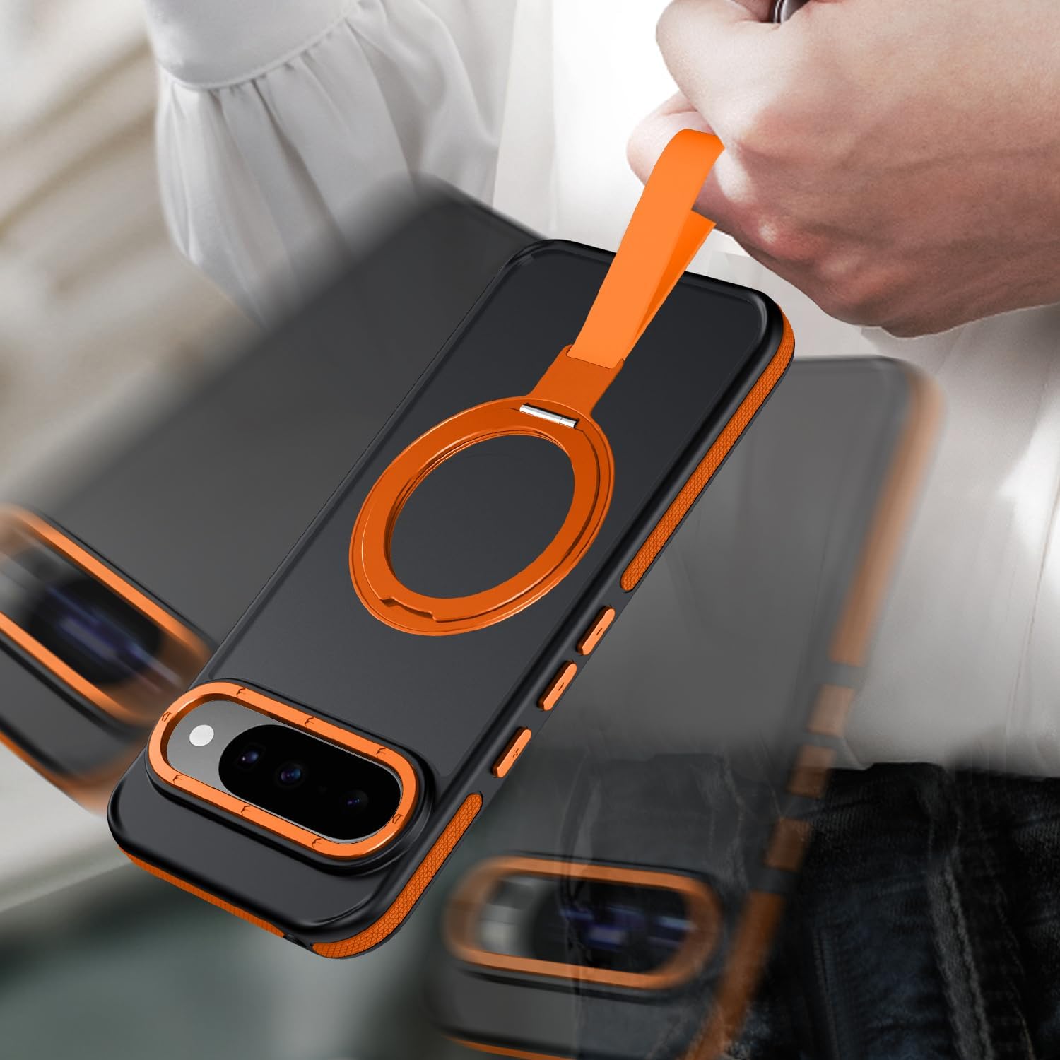 TIANNIUKE for Google Pixel 10 Pro Case/Pixel 10 Case 360°Rotatable Magnetic Ring Holder Stand with Silicone Strap, Fit for MagSafe Mil-Grade Shockproof Translucent Matte Phone Cases, Orange