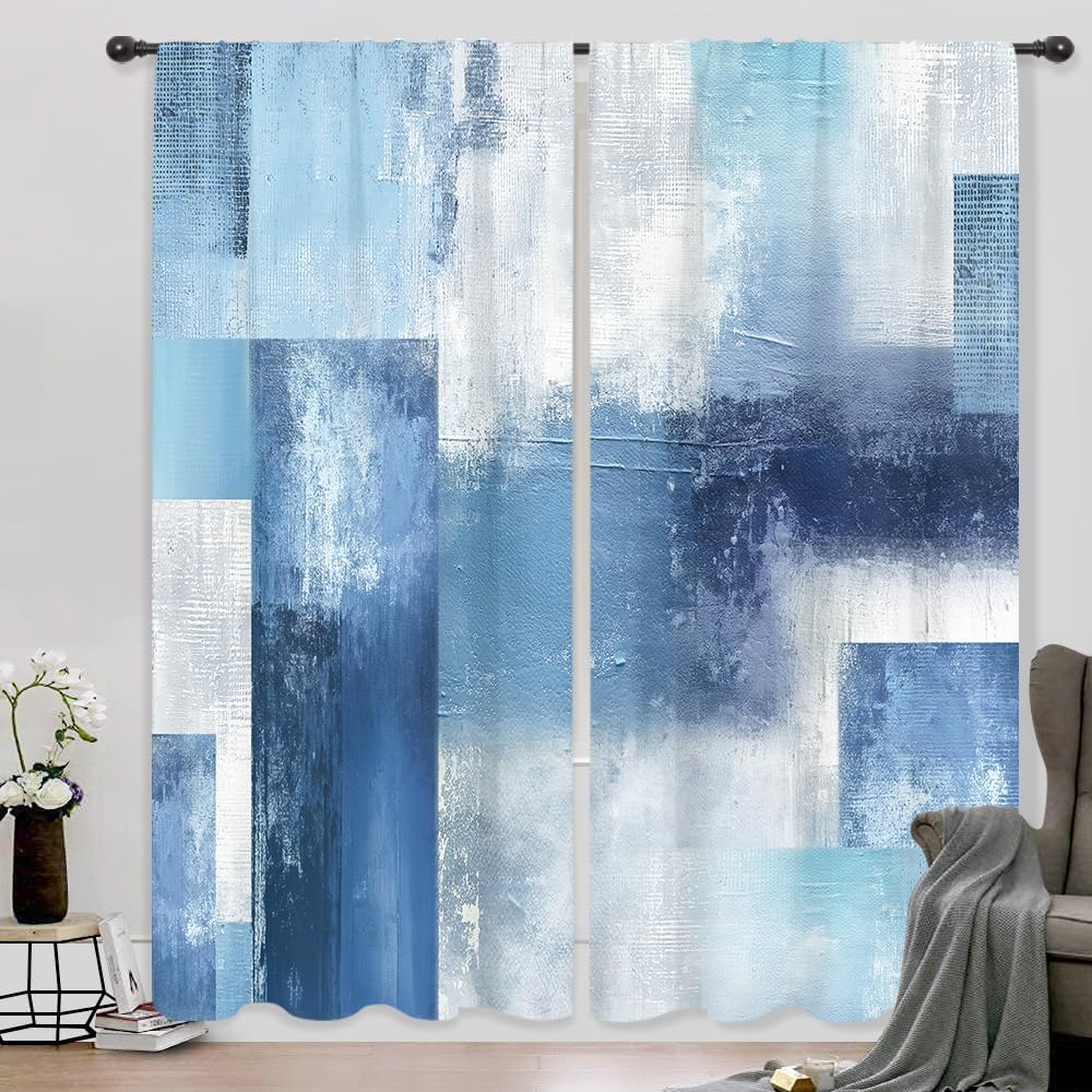Riyidecor Navy Blue Abstract Modern Curtains Contemporary Cool Mens Rustic Contemporary Aesthetic Oil Painting Boys Teens Brown Rod Pocket Bedroom Living Room Treatment Fabric 2 Panels 52Wx84H Inch