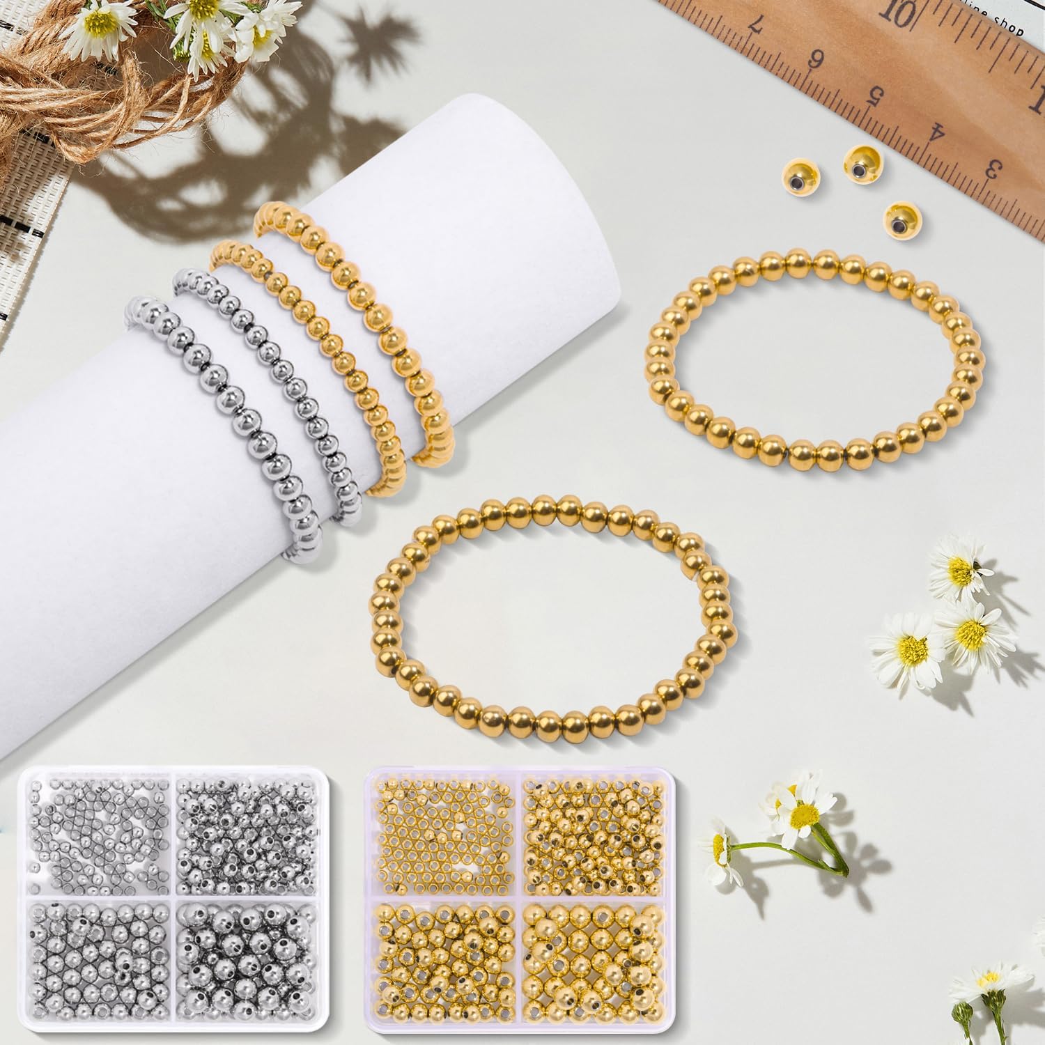Song Xi 200pcs 304 Stainless Steel Round Gold Spacer Beads for Jewelry Bracelets Making, Smooth Seamless Metal Beads Loose Beads 5mm Beads for DIY Jewelry Necklace Bracelet Making - Image 4