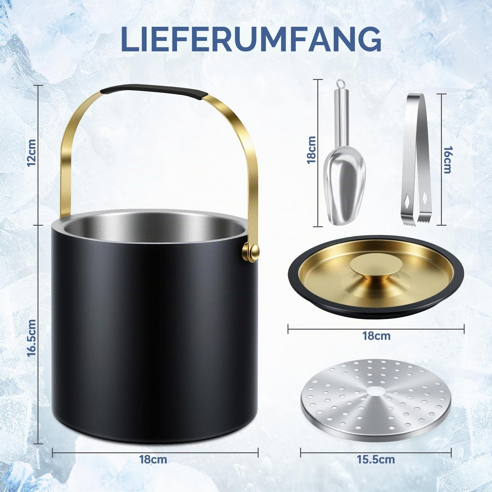 Qingning 3.2L Eiswürfelbehälter, Eiskübel mit Deckel, Zange, Schaufel & Sieb | Eiswürfelbehälter Edelstahl, Doppelwandiger Edelstahl-Eiskübel für Bier und Wein, für Partys, Picknicks, Clubs