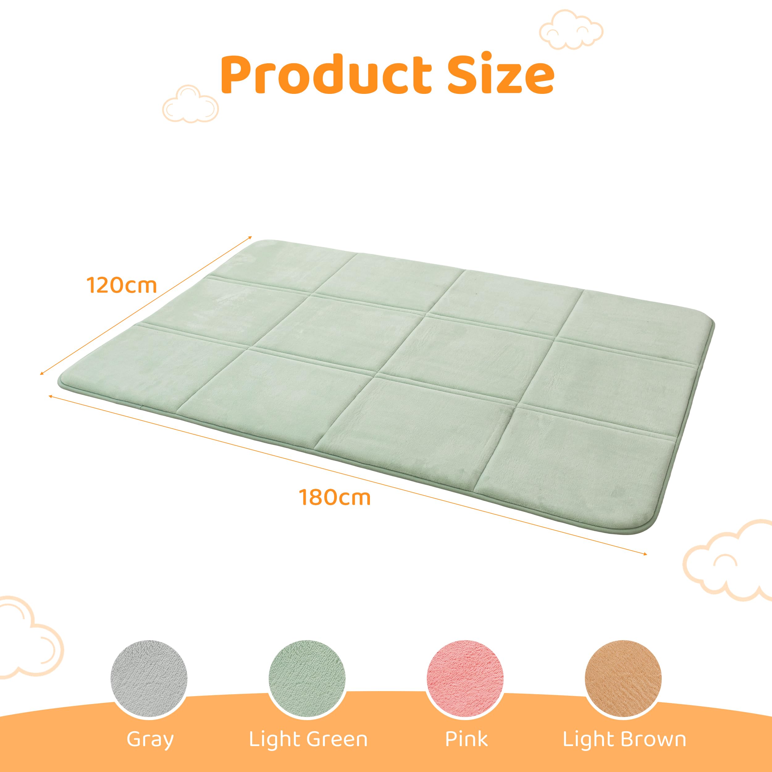 BYBYME 3cm Thick Baby Play Mat for Floor, 120 * 180cm Foldable Playpen Mat with Non-Slip Backing for Infant, Kids and Toddler Crawling, and Perfect Carpets for Yoga, Exercise, Light Green - 2
