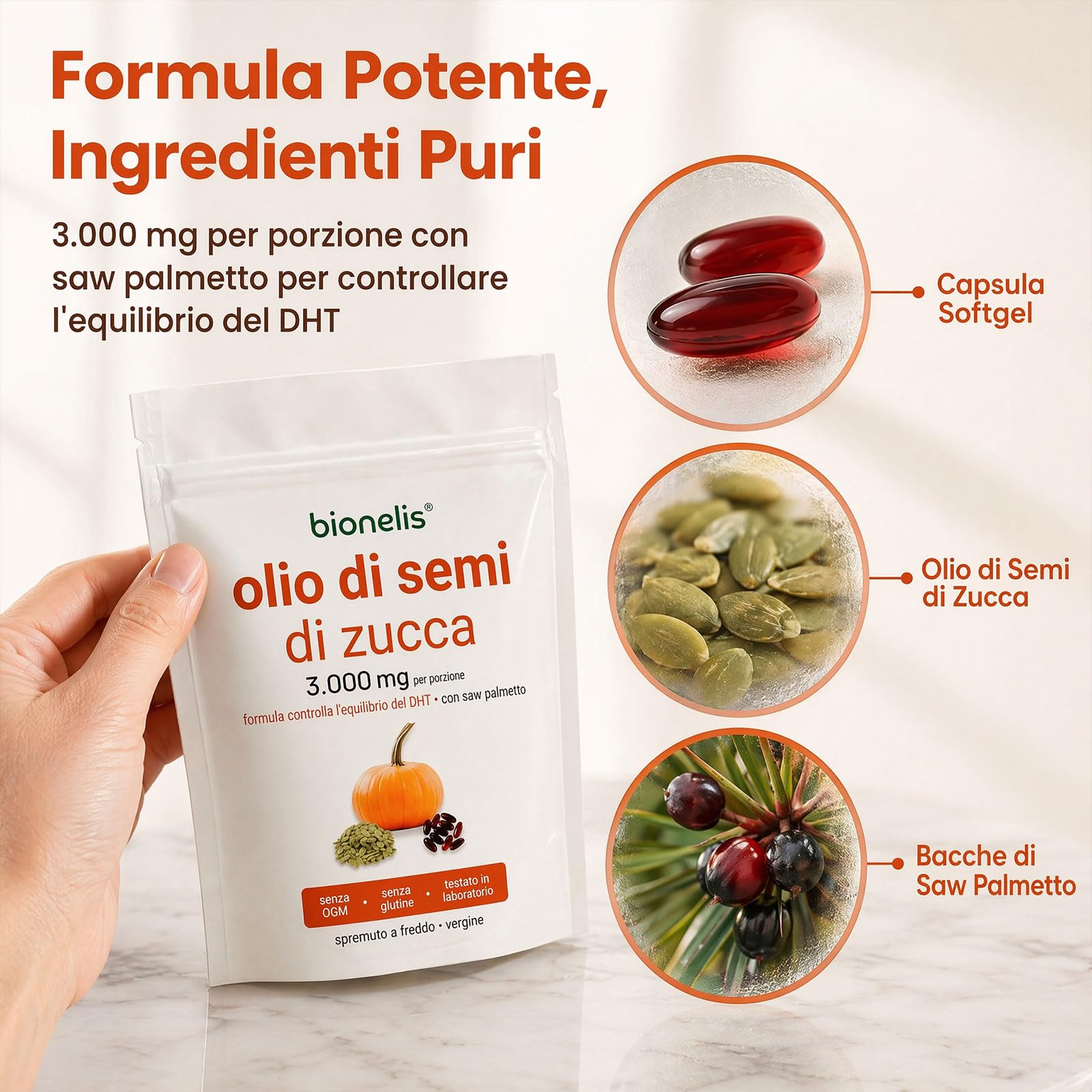 Bionelis Olio di Semi di Zucca e Saw Palmetto 3000mg, 2026 Olio di Semi di Zucca per Capelli, Vegano, Favorisce la Crescita dei Capelli, 180 Capsule Softgel (1 borsa)