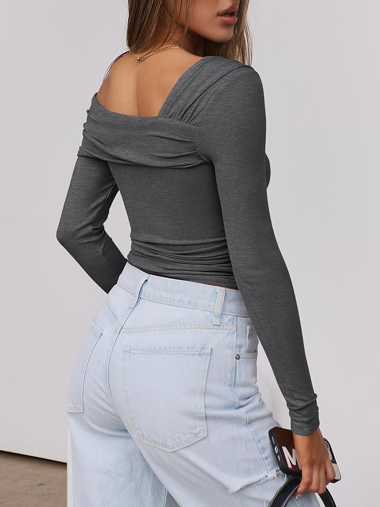 トップス 00s buffalobobos damage long sleeve oops ANRABESS Womens One Off Shoulder Shirts Long Sleeve Slim Fitted