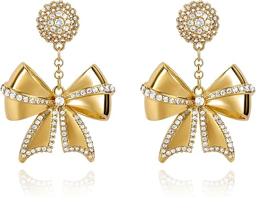 Gold Bow Earrings for Women Dangle 14K Gold Plated Bowknot Earrings Elegant Drop
