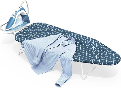 Small Ironing Board Tabletop with Heat Resistant Cover, Compact Mini Ironing Board with Iron Rest & Metal Frame, for Dorm, Apartment, Hook for Hanging, Iron Board 12x30, Iron Table Stand Dark Blue