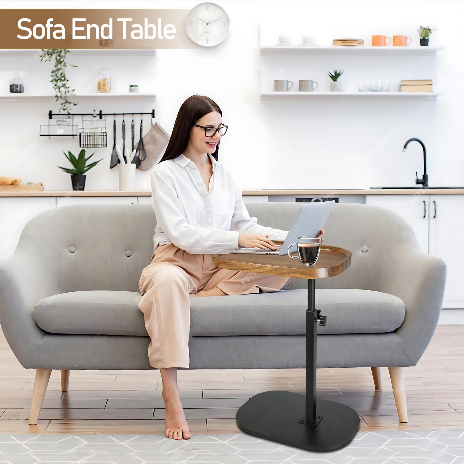 C-förmiger Beistelltisch, höhenverstellbar mit 360°-Drehgelenk, schmaler Holz-Beistelltisch für Wohnzimmer, Schlafzimmer, über Stuhltische für Snacks, Tee, Kaffee (Walnussfarben, 45 x 30 x 45 ~