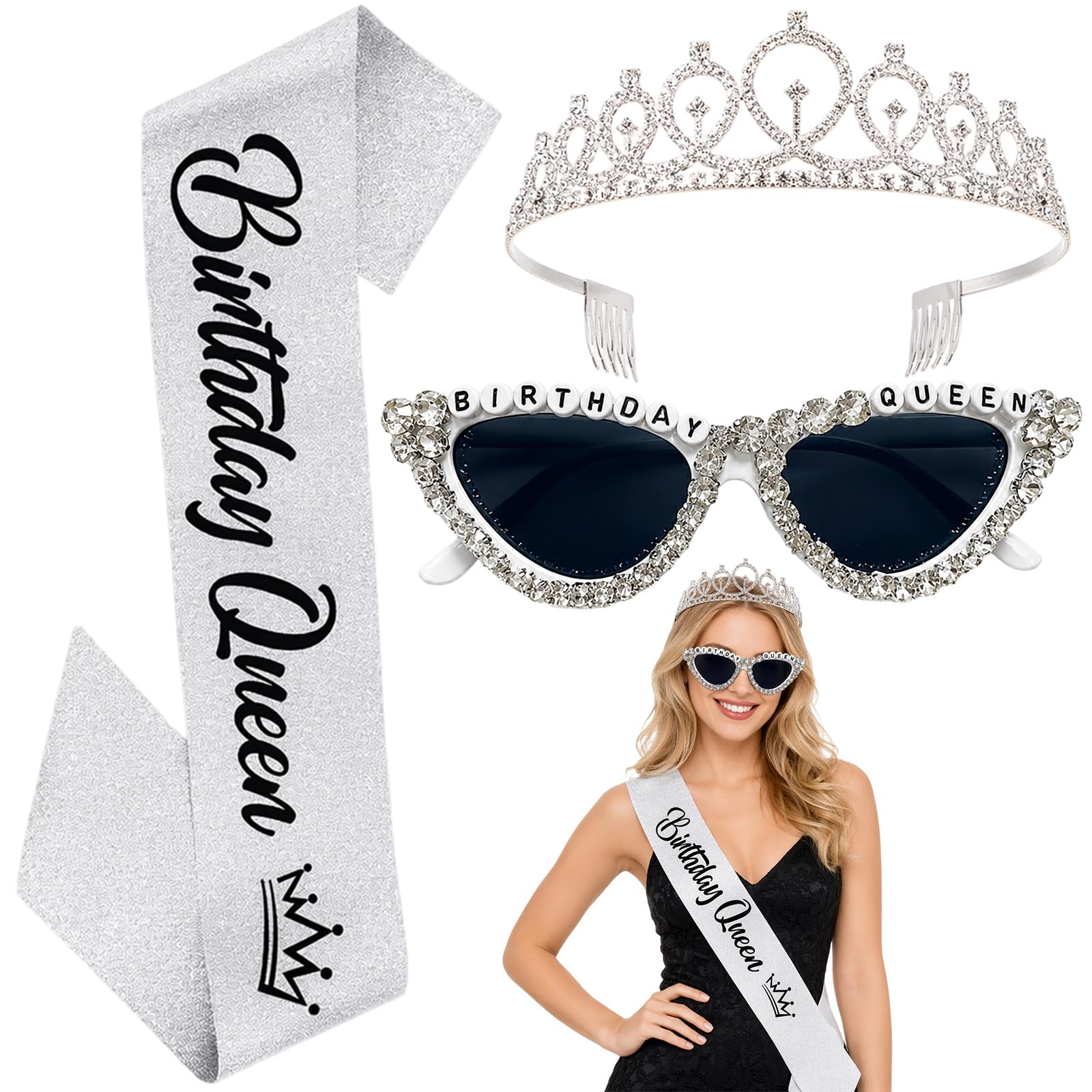 Hsuxugy 3-Piece Birthday Queen Sash Set with Crown Headband and Glasses, Birthday Gifts for Women, 1th-100th Birthday Sash Tiara for Girl Birthday Party Supplies, Dress-Up Party Accessories