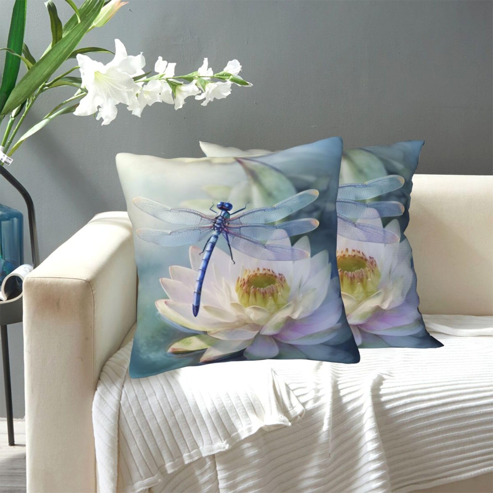 FekiLoot Decorative Throw Pillow Covers Modern Farmhouse Pillowcase Double Sided Cozy Cushion Cover for Sofa Couch Bed 18"X18" Dragonfly Lotus