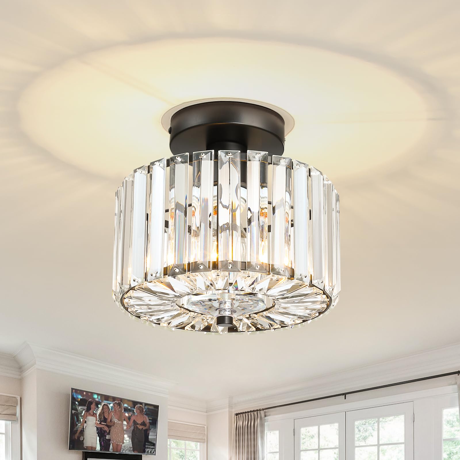 Crystal Ceiling Light Modern Mini Flush Mount Crystal Chandelier 8 89 Inch Black Light Fixture Round Hallway Lighting