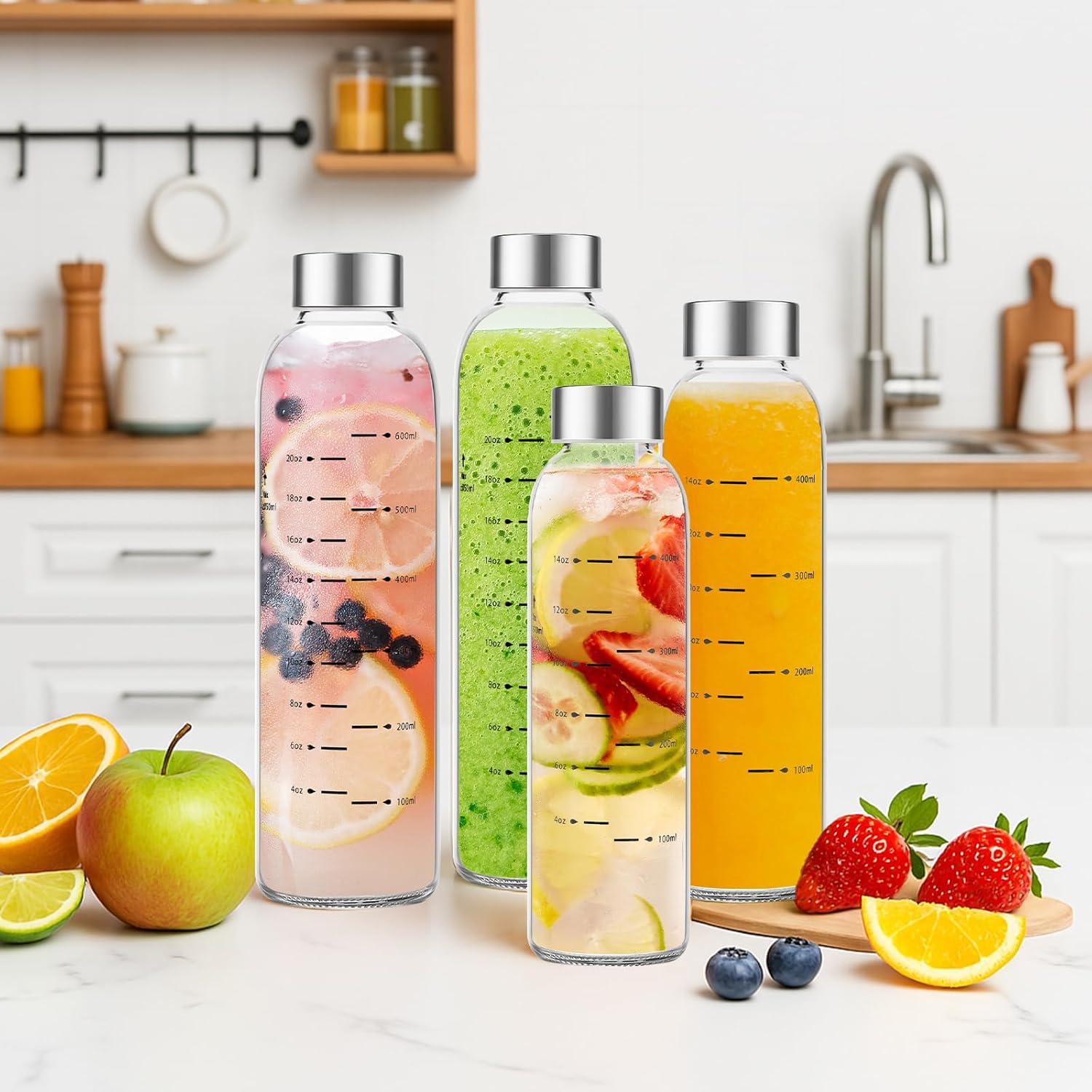 Glass Water Bottles with Lids 17 oz, Clear Juice Bottles With Stainless Steel Cap, Reusable Glass Drinking Bottle for Juicing, Refrigerator,100% Leak Proof, BPA Free - Image 6