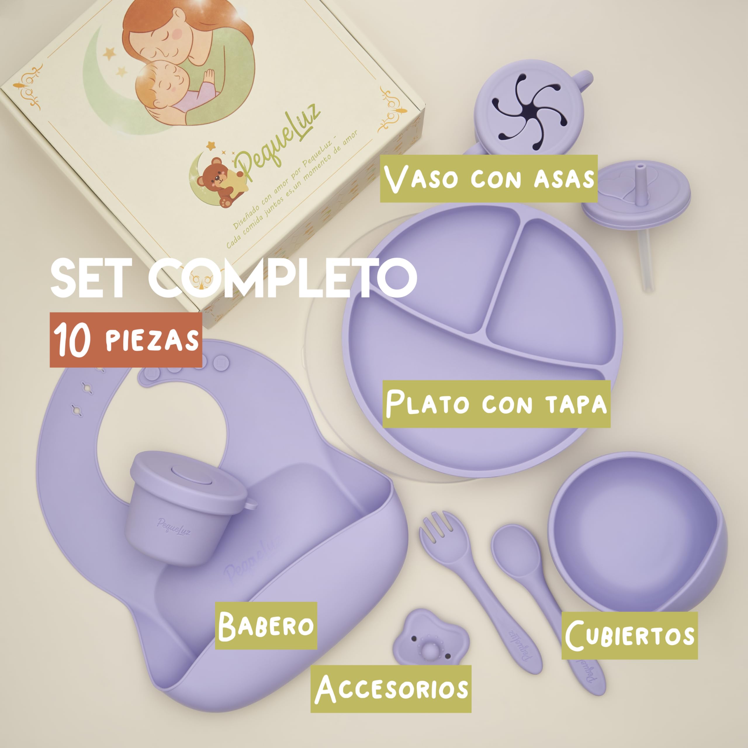 Babygeschirr Set Silikon LFGB 10-teilig BPA-frei Lila | BLW Set mit Saugnapfteller, Schüssel, Trinklernbecher, Lätzchen & Besteck